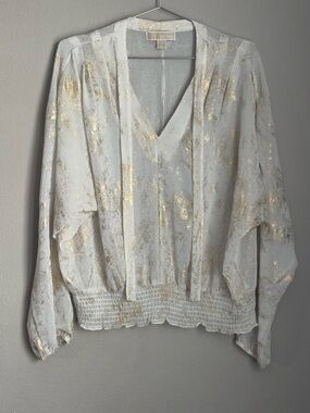 Michael Kors Womens Large White Gold Metallic Tie Neck Sheer Smocked Blouse Top